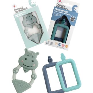 Cheeky Chompers Teething Brush & Chew - Neckerchew Flexibrush Starter Toothbrush 2 Pack-Chewy The Hippo