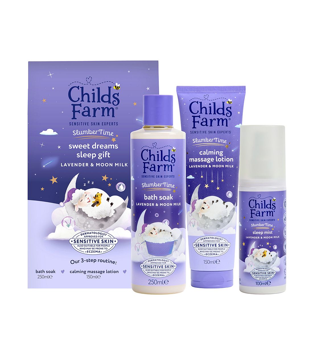 Childs Farm Slumbertime Sweet Dreams Gift Set, Lavender & Moon Milk Bath Soak250 ml, Massage Lotion 150ml, Sleep Mist 100ml, 250ml